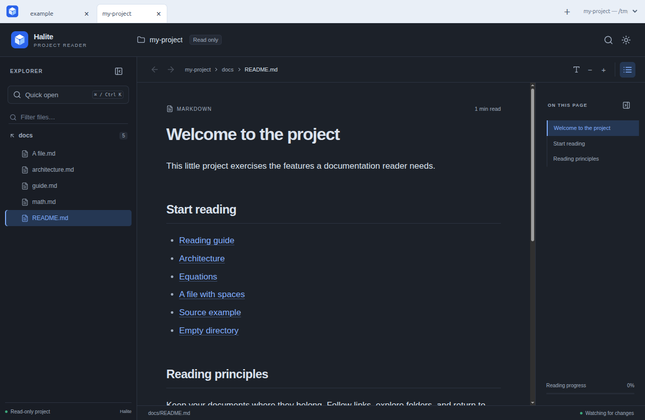 Two projects open as tabs in Halite, with the active project displayed in the dark theme.
